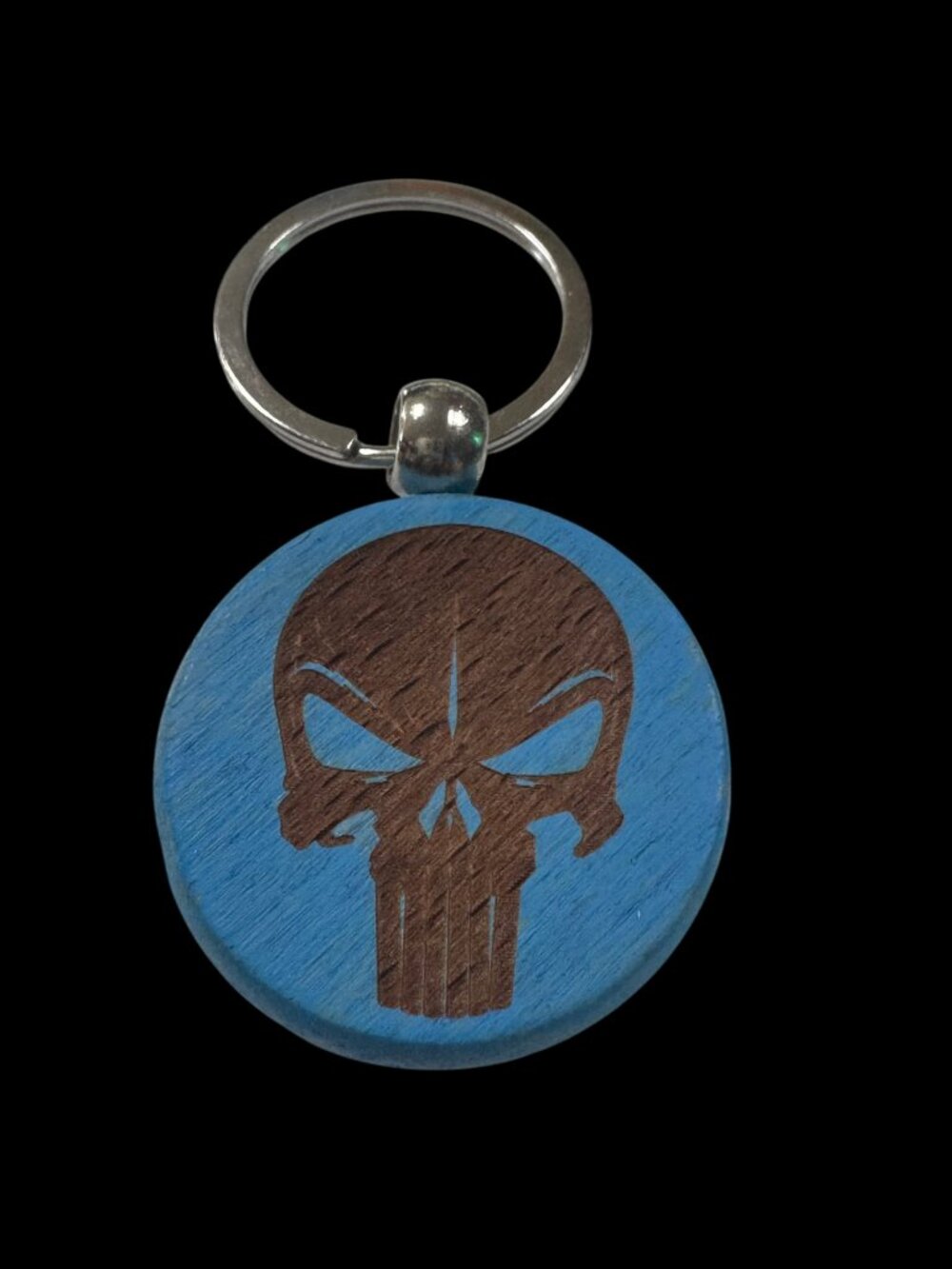 Wooden Skull Keychain, Blue, Round, Laser Engraved Skull Design, Wood with Metal